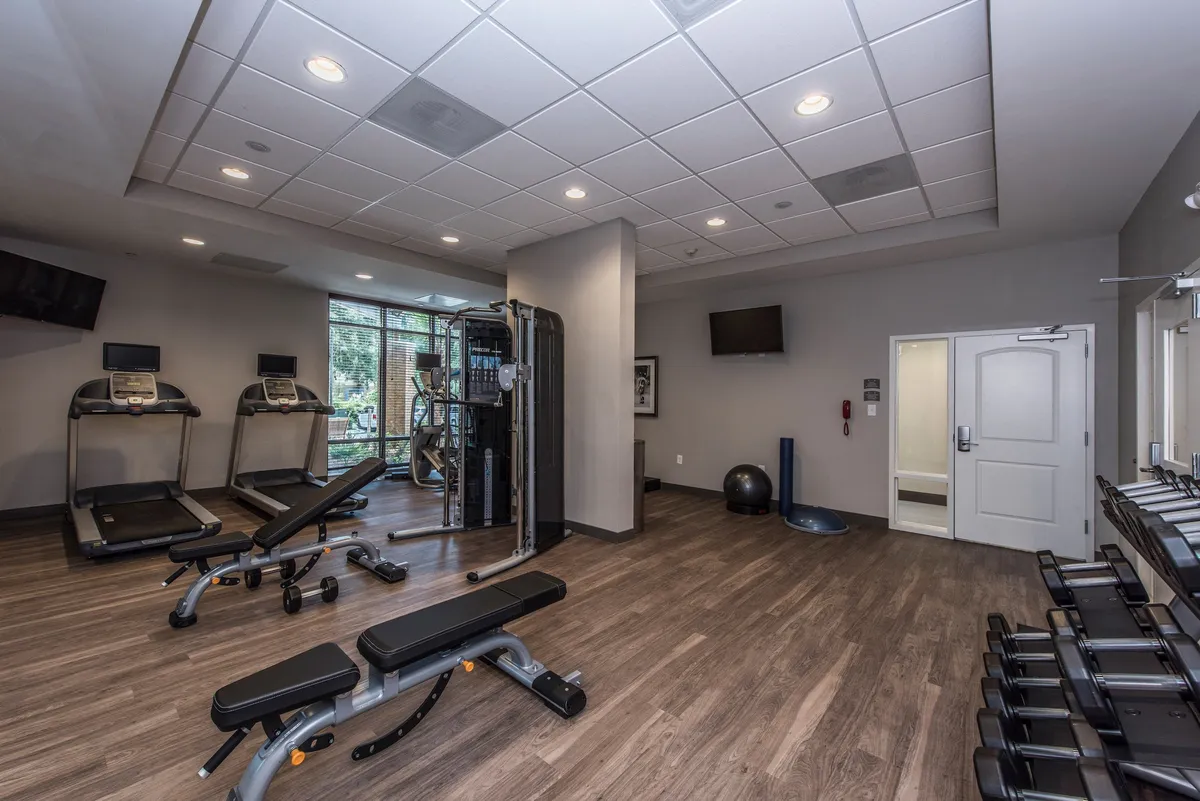 A bright fitness center featuring treadmills, weight machines, and exercise benches, all illuminated by large windows that offer natural light. The space feels energetic and motivational, encouraging guests to maintain their fitness routines.
